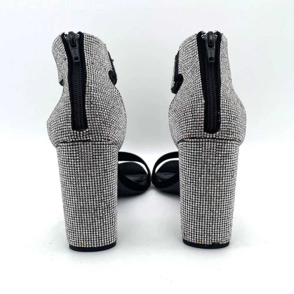 Gianni Bini Rhinestone Block Heel Sandals Women's 10M Black Crystal Ankle Strap